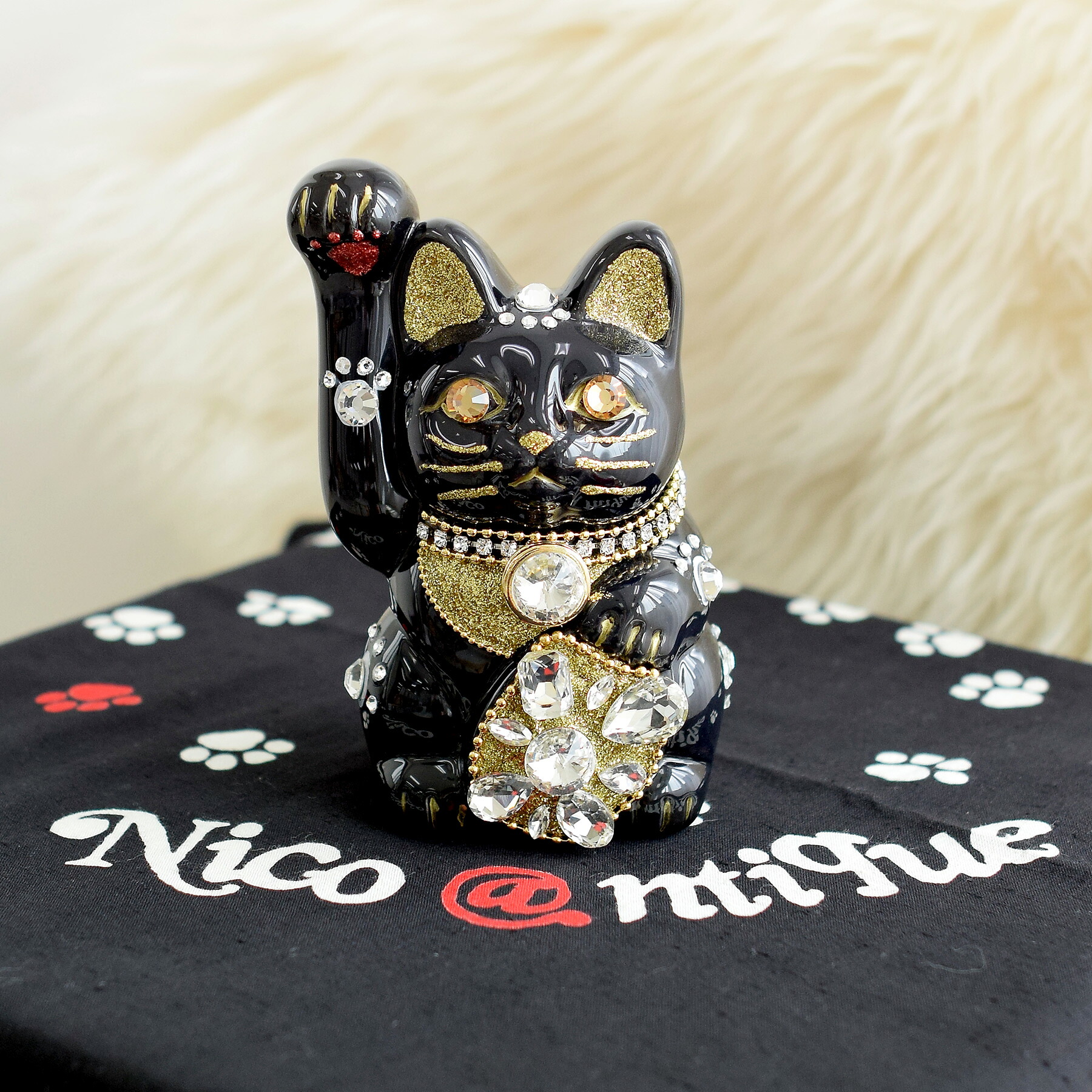【ニコアンティーク×ご縁猫 招き猫 ねこ球左衛門 手ぬぐい 2点セット】注染 手拭い 4号 黒 右手上げ 日本製 陶器 幸運 開運 招福 商売繁盛 千客万来 風水 職人 ハンドメイド ラッキーキャット ウェルカムキャット 開店祝い 還暦 手土産 プレゼント