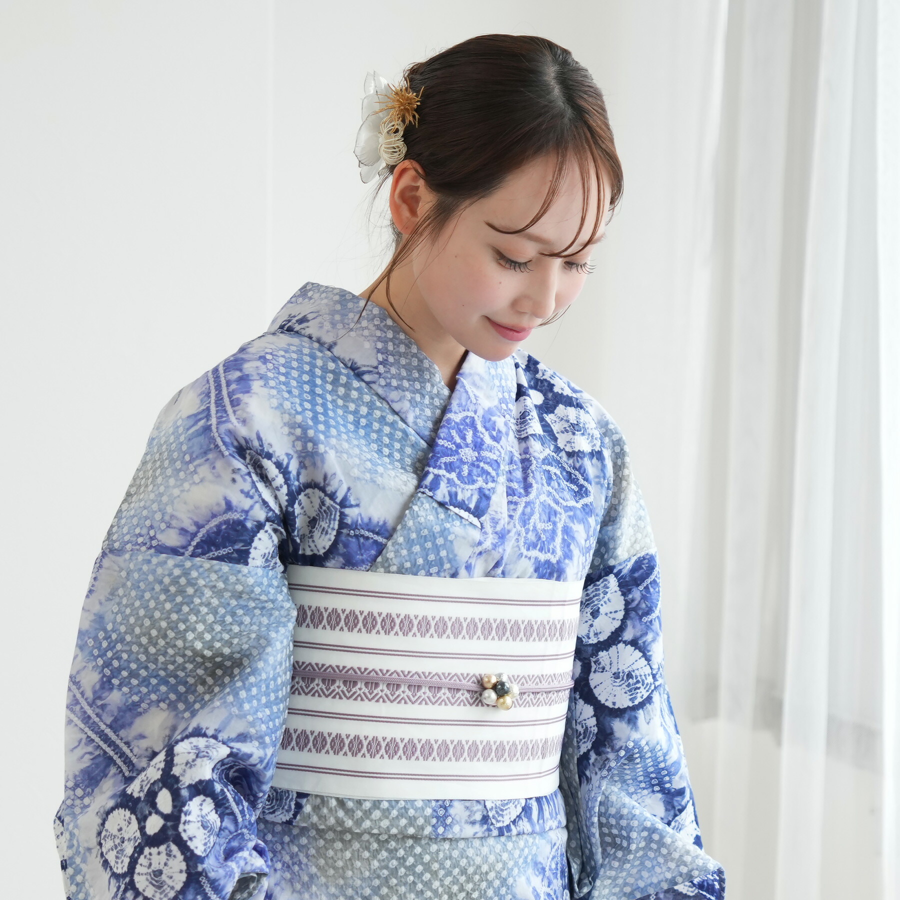 【utatane 有松絞り 浴衣3点セット 流れる氷の花】特選シリーズ 伝統工芸 国内縫製 手縫い併用希少 一生もの フリーサイズ 単衣帯 浴衣セット（ゆかた・帯・下駄）ですぐお出かけ 一度袖を通すと忘れらないガーゼのような至極の肌当たり 59,999円