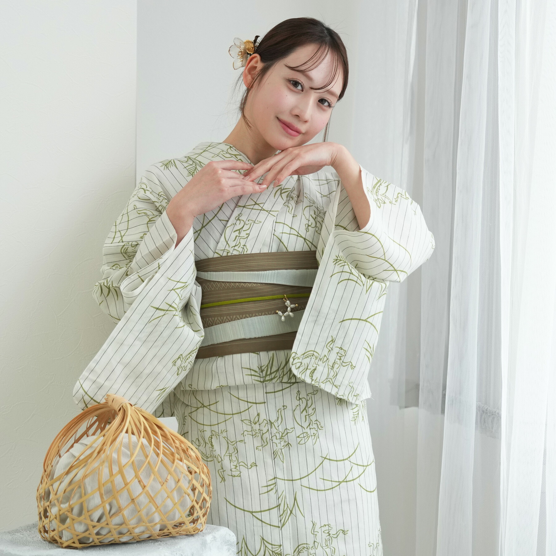 【utatane×注染工房 日本製小幅生地使用 浴衣3点セット 等間しじら　グリーンの鳥獣戯画】特選シリーズ 注染 本染め 手染め フリーサイズ 浴衣セット（ゆかた・帯・下駄）ですぐお出かけ 日本製 国産 手縫い併用国内縫製 奈良の職人さんの手染め
