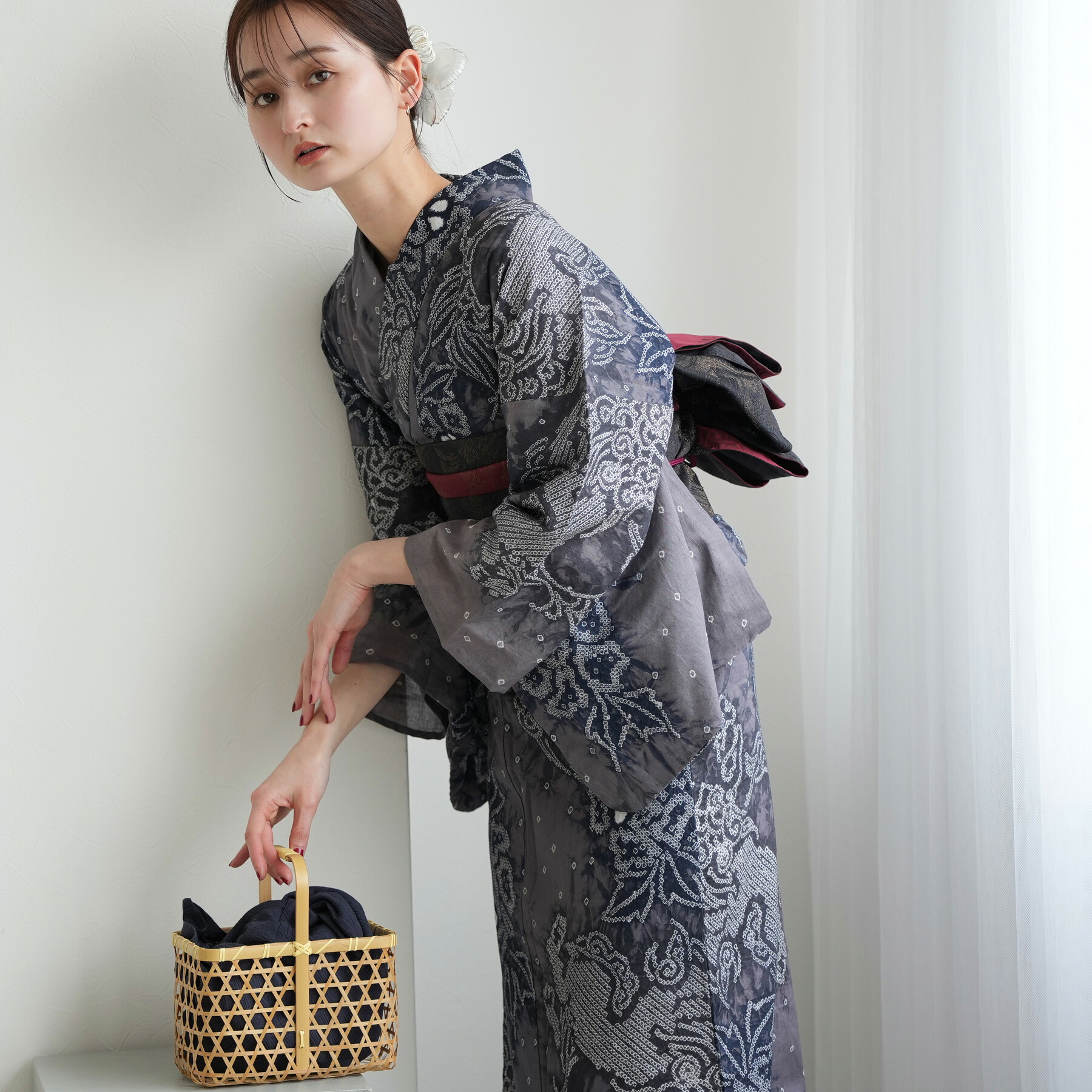 【utatane　有松絞り 浴衣3点セット｜藤影の唐獅子（フリーサイズ）】伝統工芸｜本染め｜コットン100％｜浴衣・帯・下駄付き