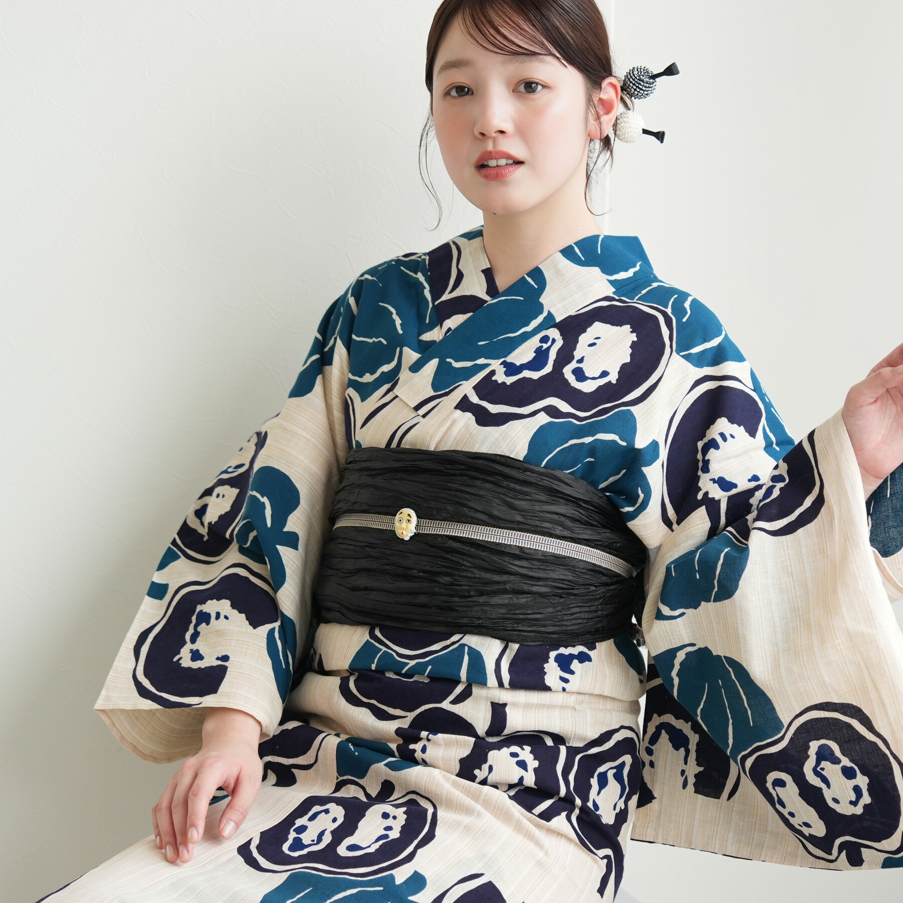 【utatane × 注染工房 特選 注染浴衣3点セット｜先染めベージュ 南瓜 青紺（フリーサイズ）】日本製小幅生地使用｜コットン100％｜浴衣・帯・下駄付き