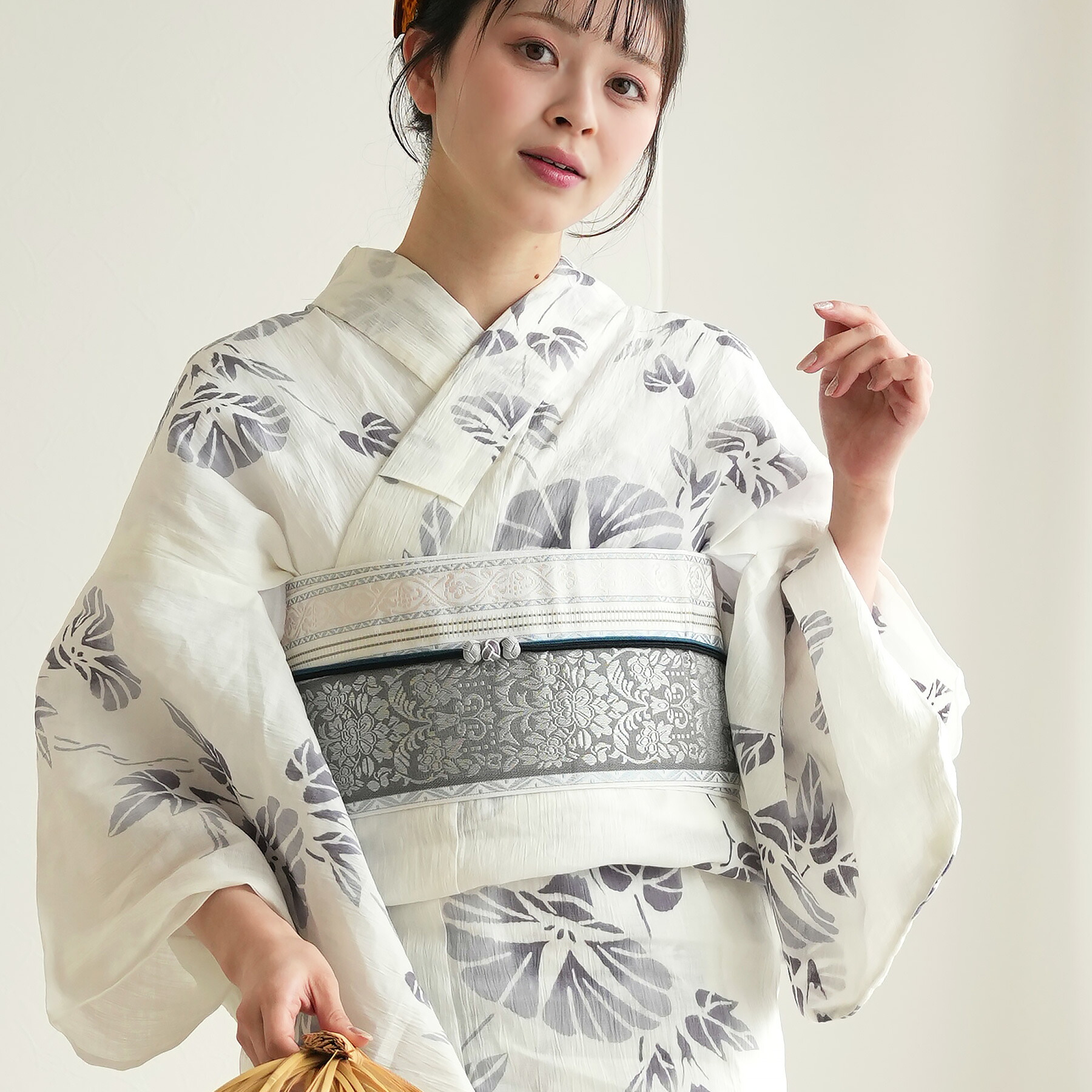 【utatane × 注染工房 特選 注染浴衣3点セット｜近江縮 淡墨（うすずみ）の朝顔（フリーサイズ）】日本製小幅生地使用｜本麻｜博多織正絹小袋帯｜浴衣・帯・下駄付き