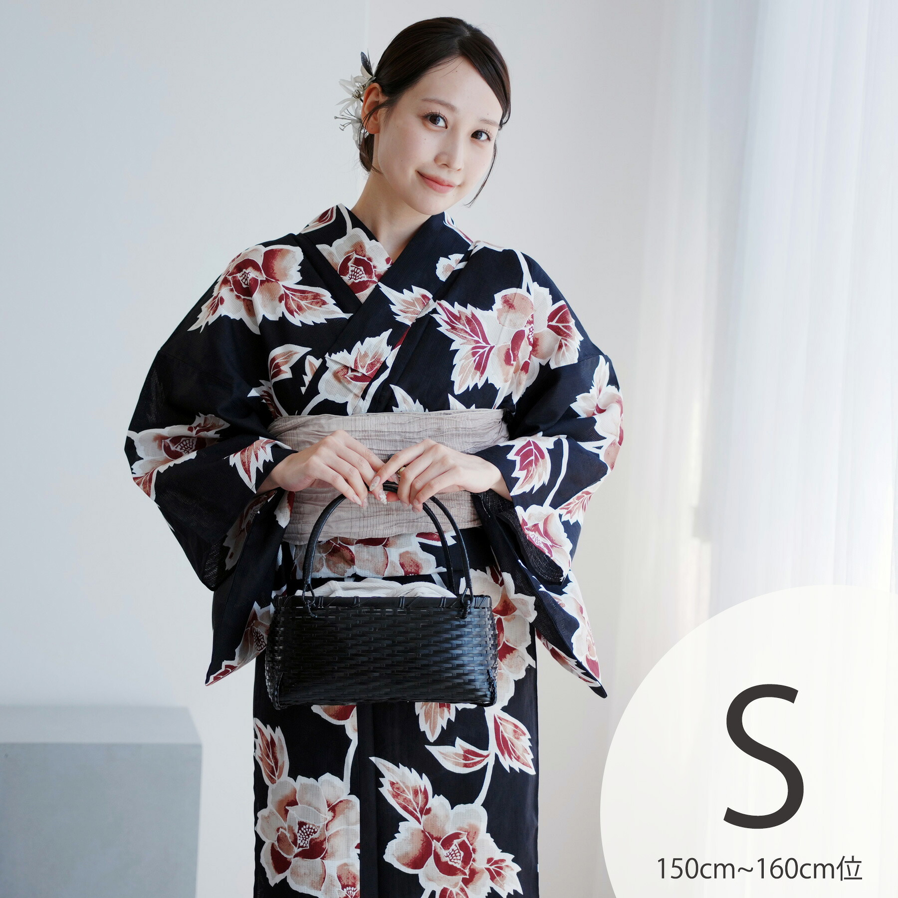 【utatane 高級変わり織 浴衣3点セット　黒に錆茶の牡丹】ここでしか買えない昭和初期アンティーク復刻版 プチサイズ（150-160cm）Sサイズ 浴衣セット（ゆかた・帯・下駄）うたたね 上質 国産生地 国内染色 低身長コーデ