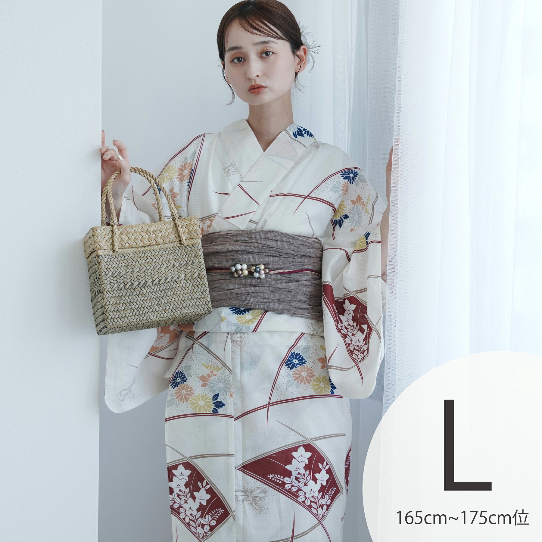 【utatane 高級変わり織 浴衣3点セット クリームに露芝紋の古典花】ここでしか買えない昭和初期アンティーク復刻版 トールサイズ（165-175cm）Lサイズ 浴衣セット（ゆかた・帯・下駄）ですぐお出かけ うたたね 上質 国産生地 国内染色