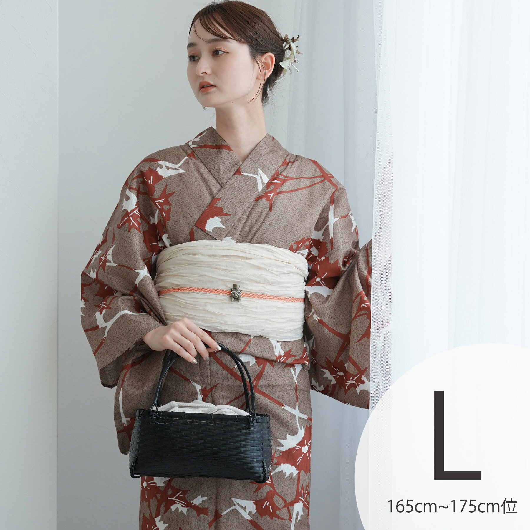 【utatane 高級変わり織 浴衣3点セット ココアと赤茶のあざみ砂嵐】ここでしか買えない昭和初期アンティーク復刻版 トールサイズ（165-175cm）Lサイズ 浴衣セット（ゆかた・帯・下駄）ですぐお出かけ うたたね 上質 国産生地 国内染色