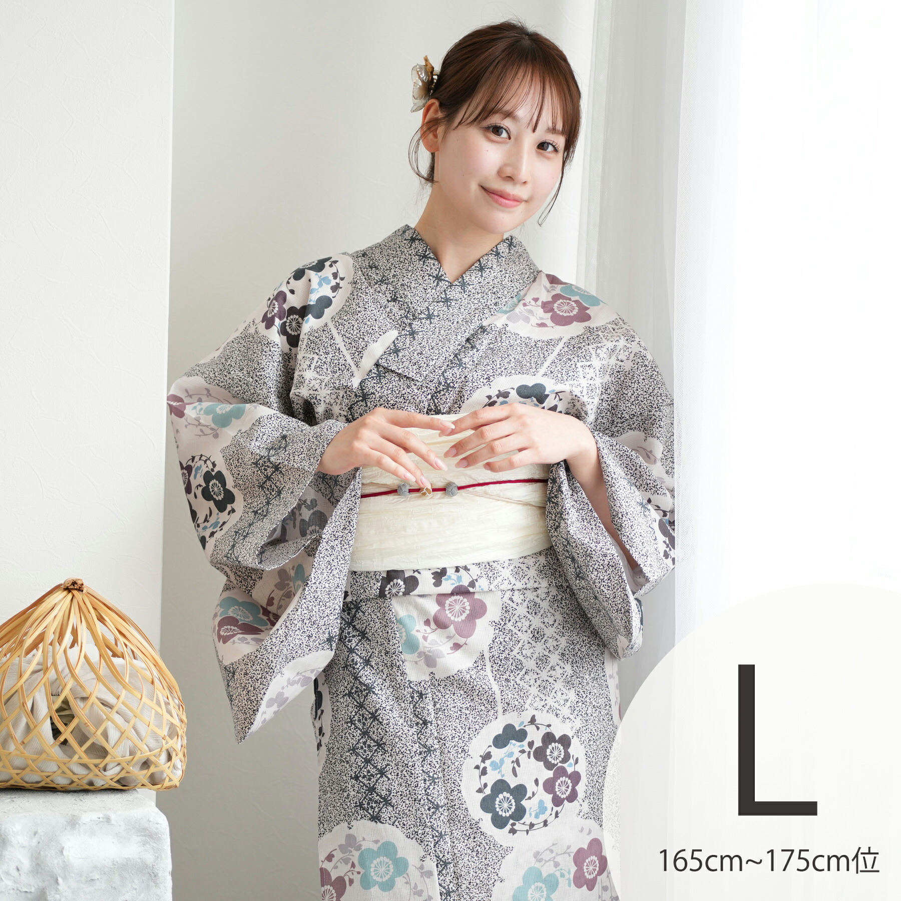 【utatane 高級変わり織 浴衣3点セット 墨黒の霧と梅雪輪】ここでしか買えない昭和初期アンティーク復刻版 トールサイズ（165-175cm）Lサイズ 浴衣セット（ゆかた・帯・下駄）ですぐお出かけ うたたね 上質 国産生地 国内染色