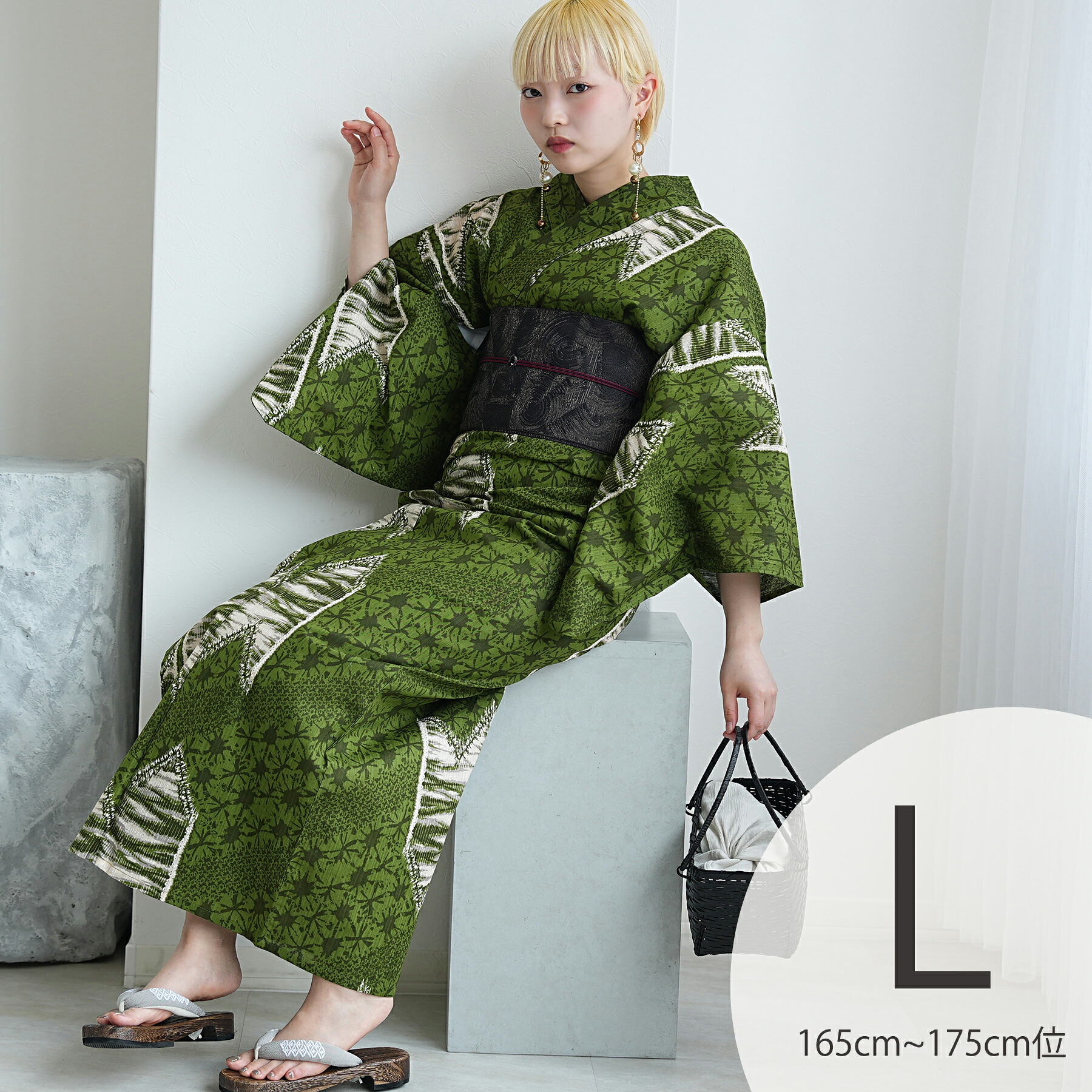 浴衣 セット 【片寄せのモス・エコー ニコアンティーク Nico@ntique 高級変わり織 浴衣・帯・下駄付き 3点セット】 Lサイズ トールサイズ（165-175cm） 国産生地・国内染色 個性派レトロ 独創的アーカイブ復刻｜ひよこ商店