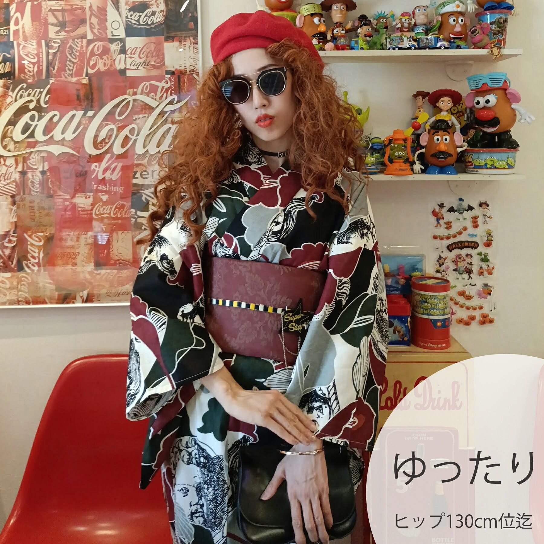浴衣 セット 【チェリー・ドール・ジャンク ニコアンティーク Nico@ntique 高級変わり織 浴衣・帯・下駄付き 3点セット】 3Lサイズ ゆったりサイズ（ヒップ約130cm位まで対応） 国産生地・国内染色 個性派レトロ 独創的アーカイブ復刻｜ひよこ商店