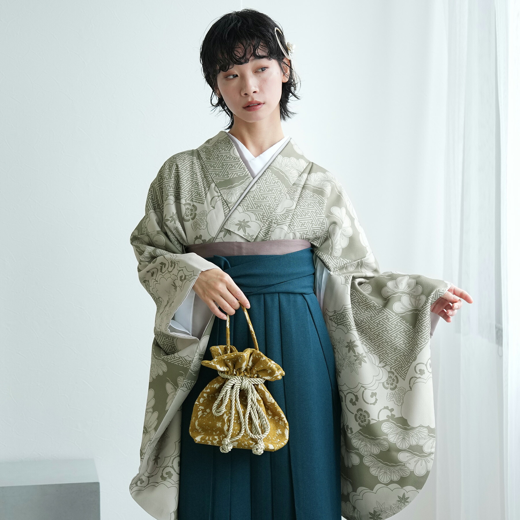 【ひよこ商店 袴 2点セット モスグリーン松文様】二尺袖着物 はかま 着物セット 販売 卒業式 大学生 専門学生 レディース 女性 大人 袴91cm（身長153-158cm）重ね衿縫い付済