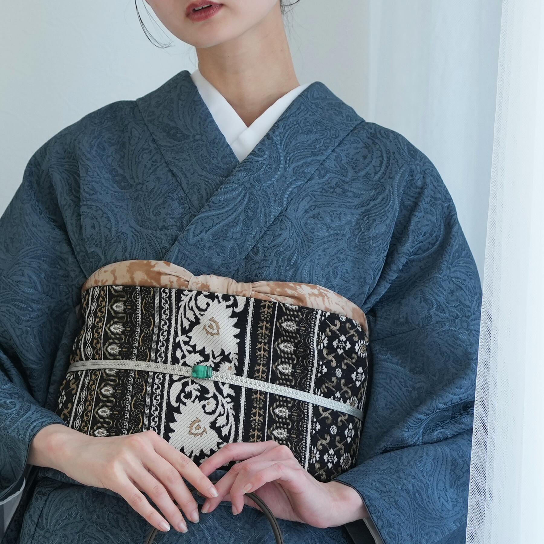 【utatane 博多織 小袋帯 長尺 正絹 リバーシブル インド更紗献上 ブラウン×ベージュ】日本製 国産 本場筑前博多織 博多帯 半幅帯 細帯 紋小巾袋帯 本筑 シルク オールシーズン 浴衣 紬 小紋 着物 証紙付き