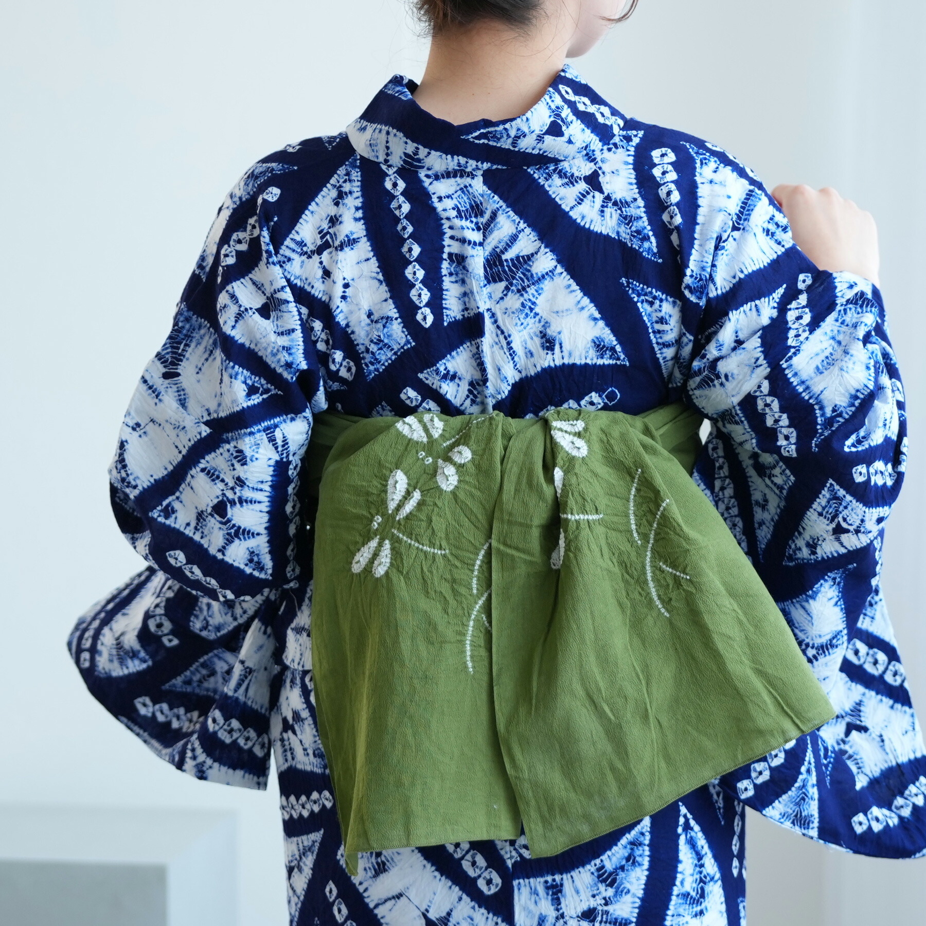 【utatane　綿麻　清江絞り　有松染め　兵児帯　トンボ・菱・トンボ　抹茶】レディース　女性 日本製 国産 夏用 浴衣 夏着物 天然素材 麻混　天然素材 単品　綿着物 普段着 レディース帯 アレンジ簡単