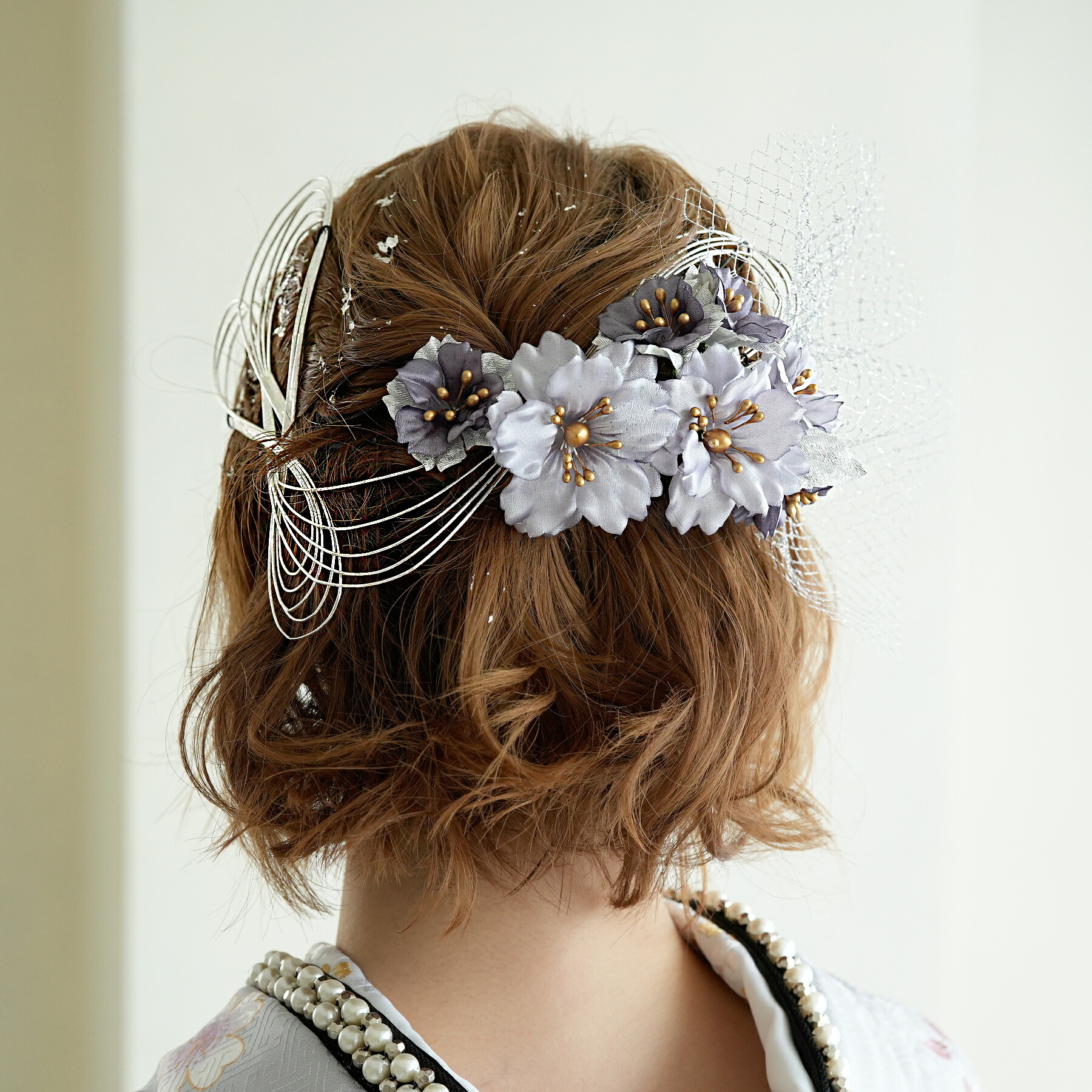 ヘアアクセサリー 髪飾り チュール 8点セット 桜 流麗 水引 Uピン セット 金箔 浴衣 着物 袴 振袖 成人式 ヘアアクセ 国産 髪飾り 日本製 花 女性 白 ピンク 水色 紫 Uピン 水引 金箔 銀箔 チュール 8点セット 卒業式 大正ロマン｜ひよこ商店