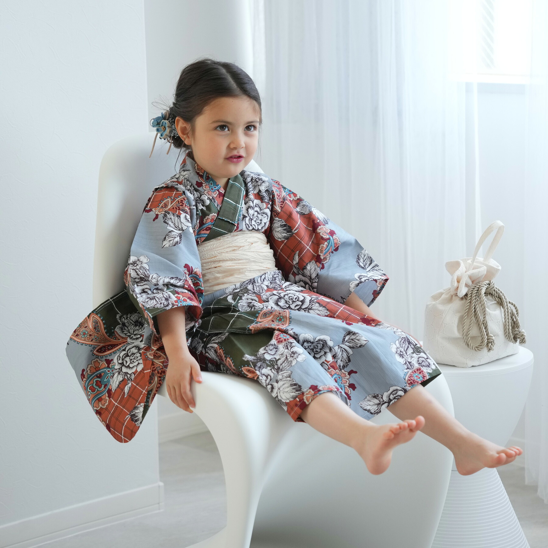 【ニコアンティーク kids 高級変わり織 子供浴衣3点セット 女の子 60sモンドガレージ オレンジ】個性派きものブランドNicoAntique こども浴衣セット（ゆかた・帯・下駄）3歳 4歳 5歳 6歳 7歳 8歳 9歳 10歳 レトロ キッズ 国産生地 国内染色 上質