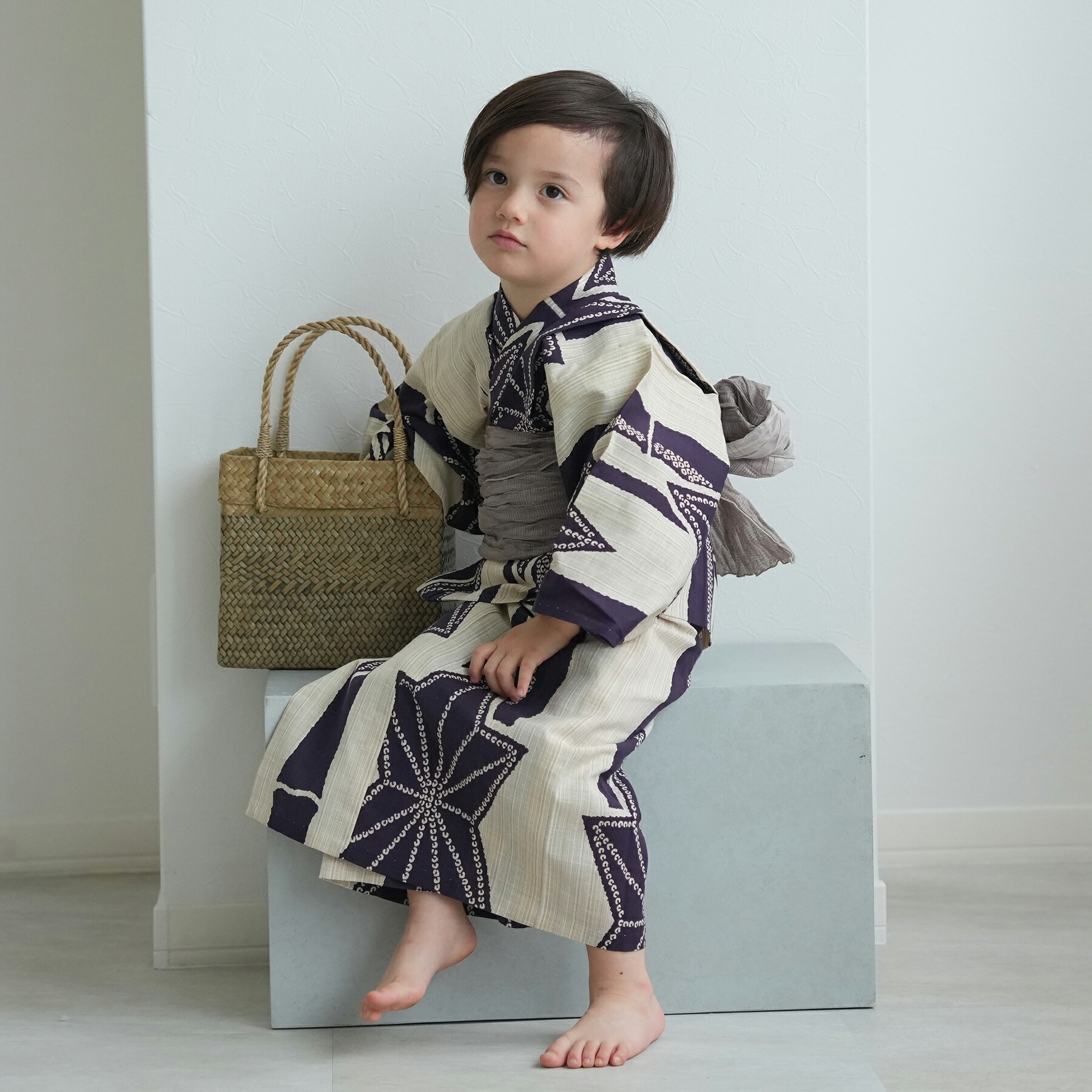 浴衣 子供 男の子 セット（浴衣/帯/下駄） utatane 100-130cm（適応身長95-135cm） ゆかた 注染 本染め 100 110 120 130 麻の葉 子ども 紫系 子供 kids きなり ベージュ 濃紫 パープル 縞 ストライプ 疋田 かわいい おしゃれ 本染め 伝統工芸 新作