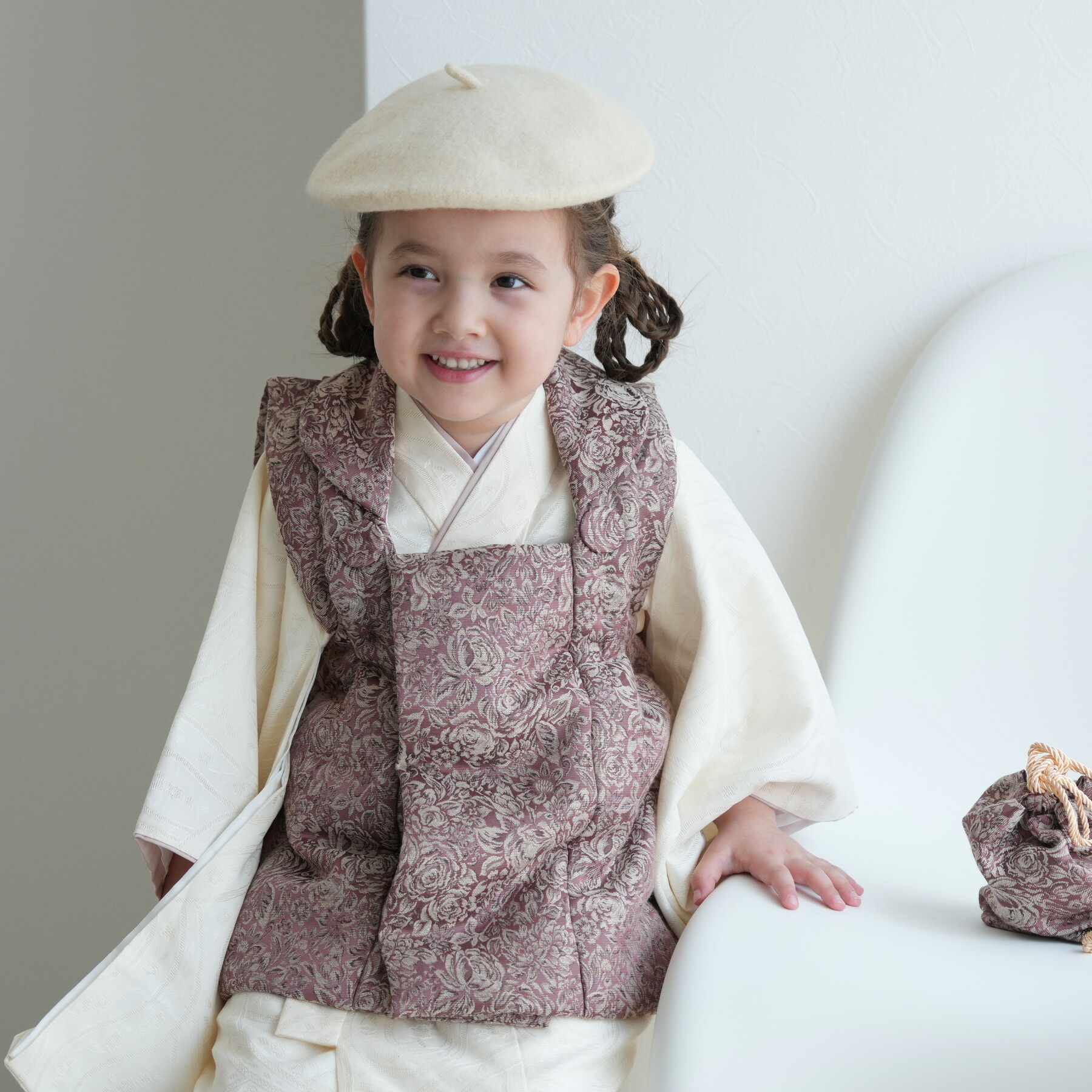 モリス　いちご泥棒2色使用3歳被布着物セット　ベレー帽付 モリス いちご泥棒2色使用3歳被布着物セット ベレー帽付