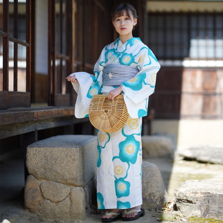 茄子紺 和柄シャツ 後染 小紋 花 建物 カーキ 赤 青 大正ロマン 一点