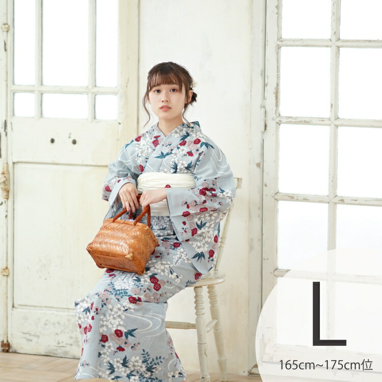 レディース Ladies しっとり大人 浴衣 ブルーグレー 浴衣 Utatane セット 系 大正浪漫 流水に梅と桜 浴衣3点セット セット Tl 浴衣 帯 下駄 レディース セット 浴衣 系 高級変わり織り 大人 30代 Ladies 女性 トールサイズ 身長165 175cm セット