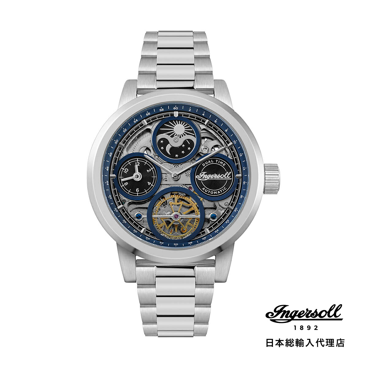 Ingersoll / インガソール ザ アーク オートマチックウォッチ ブルー スケルトン ダイヤル シルバー ブレスレット
