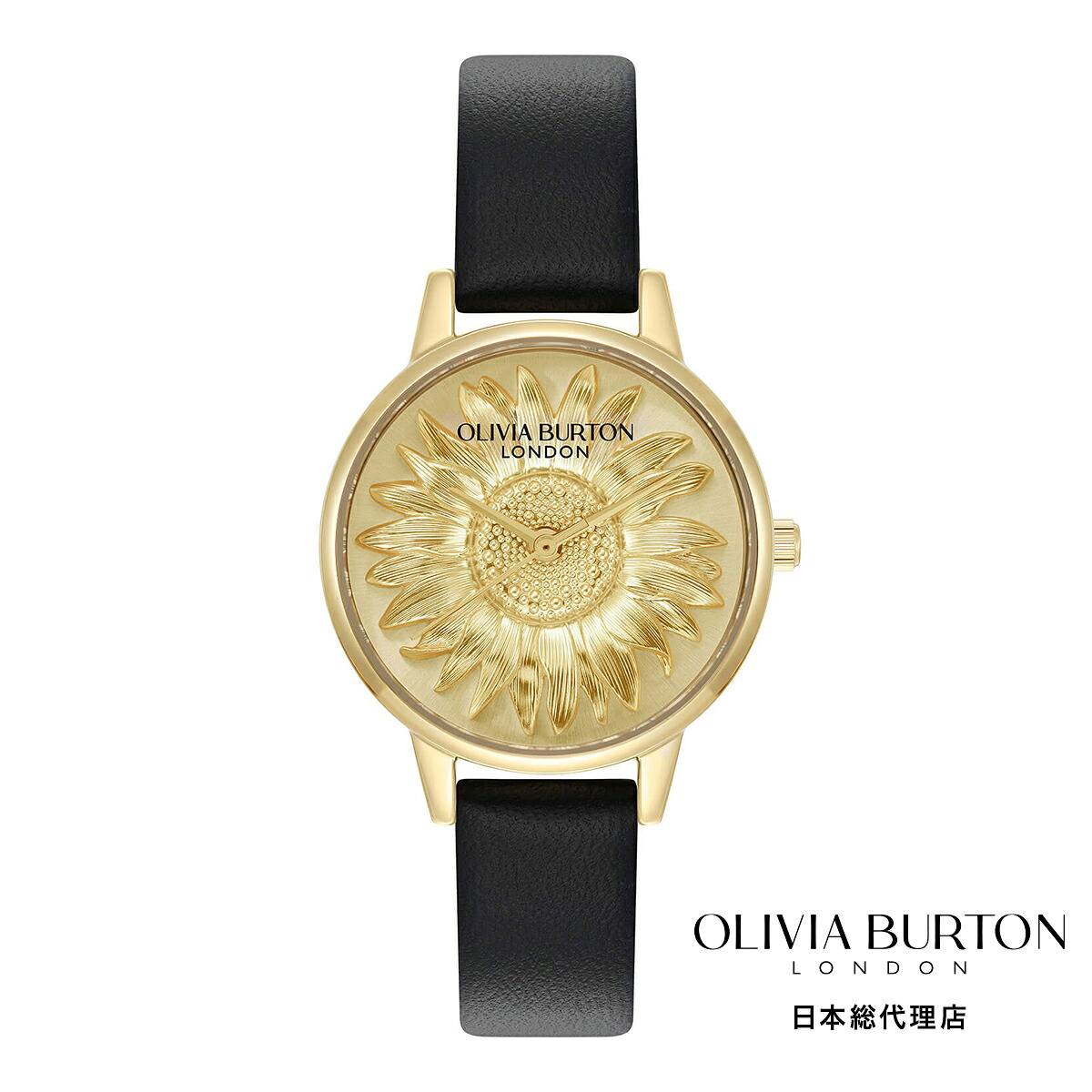 OLIVIA BURTON / オリビア・バートン 3D フラワー - ミディゴールド ブラックレザー｜H&deg;M&rsquo;S&rdquo; WatchStore