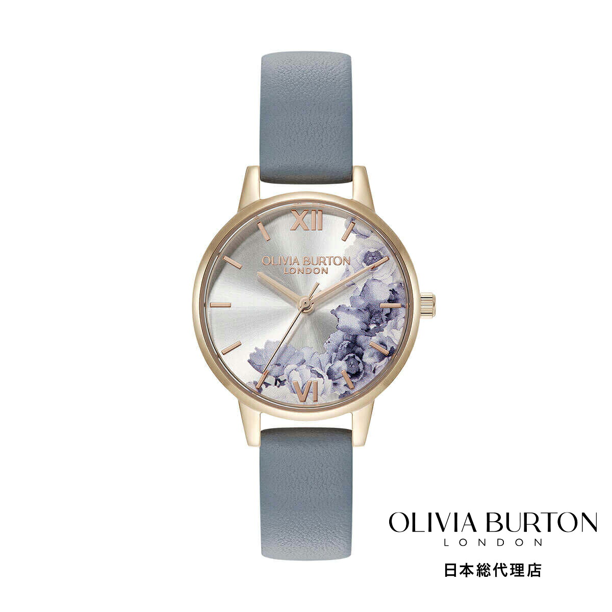 OLIVIA BURTON / オリビア・バートン イラストレーテッドフローラル - ミディ アイボリー ローズゴールド チョークブルー レザー