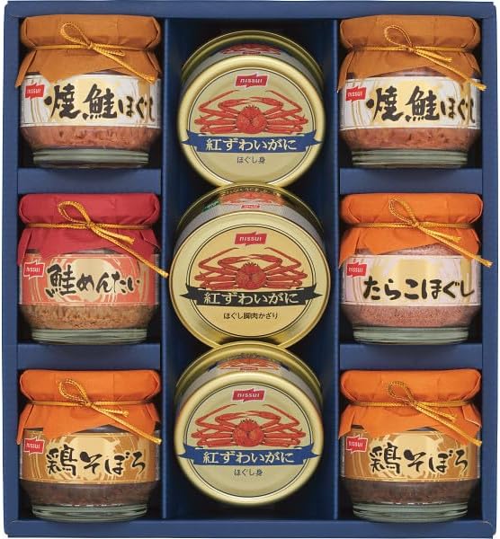 ニッスイ 瓶詰・かに缶詰ギフトセット ＢＫ－５０Ｃ　ご飯のお供 家飲み 酒 お酒のあて おつまみ 珍味　紅ずわいがにほぐし　　紅ずわいがにほぐし身　焼鮭ほぐし　たらこほぐし　鮭めんたい  北海道海鮮 高品質 海鮮専門店