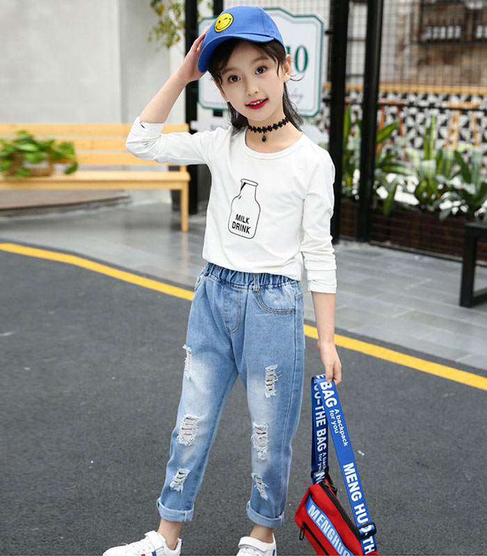 楽天市場 韓国子供服 おしゃれ 女の子 デニムダメージジーンズ シンプル パンツ 子供 学生 レジャー デニムロングパンツジーパン ジーンズ キッズ ボトムス デニムダンスジュニア 子供服 女の子 大人気 レジャー ジーンズ Hohoemimarket