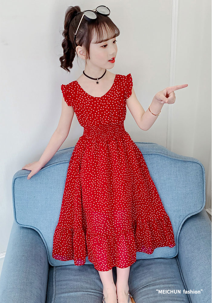 楽天市場 韓国子供服 女の子 ワンピース シフォン水玉ワンピース ボヘミアンスカートシーサイドリゾート キッズ ガールズ 夏ワンピ ロングワンピ レッド 子供ワンピ 普段着 110cm 1cm 130cm 140cm 150cm 160cm Hohoemimarket