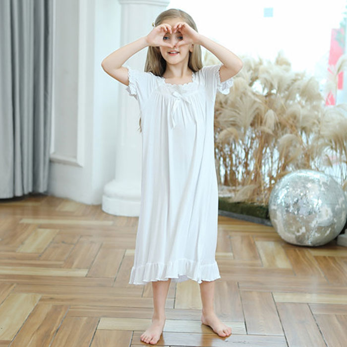 女の子 パジャマ ルームウェア モーダル キッズ 夏着 半袖 ピンク ロング丈 ホワイト 純綿 ナイトドレス