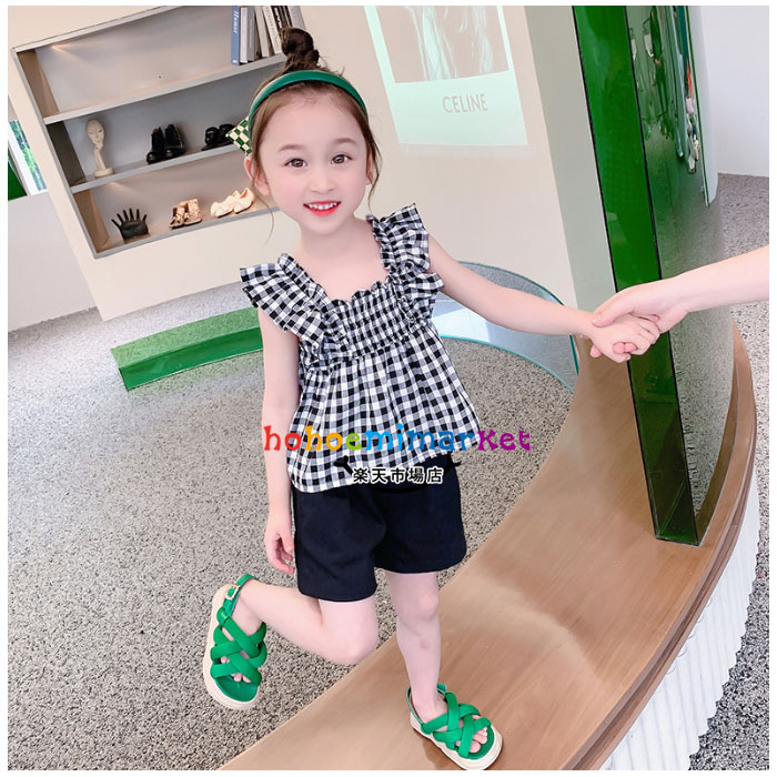 韓国子供服女の子セットアップブラック上下セット幼児夏服新品ベビー服カジュアル2点セットキッズチェック柄トップ+ブラックショーツ姉妹誕生日結婚式呼ばれ通園通学夏着袖フリルトップスファッションガールズ90cm100cm110cm120cm130cm140cm