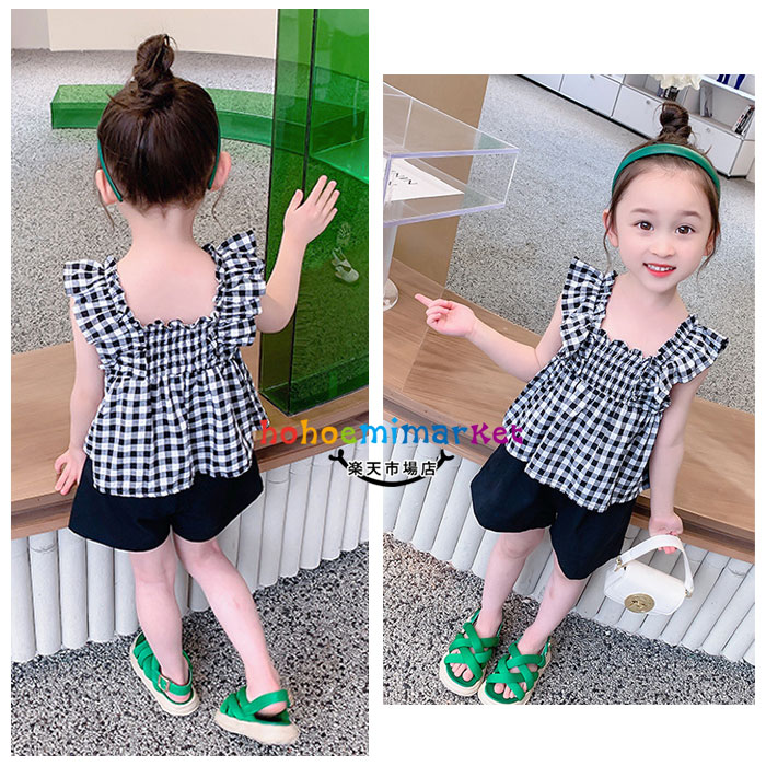 韓国子供服女の子セットアップブラック上下セット幼児夏服新品ベビー服カジュアル2点セットキッズチェック柄トップ+ブラックショーツ姉妹誕生日結婚式呼ばれ通園通学夏着袖フリルトップスファッションガールズ90cm100cm110cm120cm130cm140cm