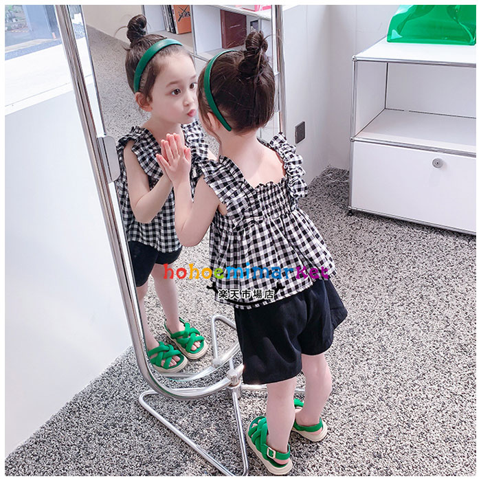 韓国子供服女の子セットアップブラック上下セット幼児夏服新品ベビー服カジュアル2点セットキッズチェック柄トップ+ブラックショーツ姉妹誕生日結婚式呼ばれ通園通学夏着袖フリルトップスファッションガールズ90cm100cm110cm120cm130cm140cm