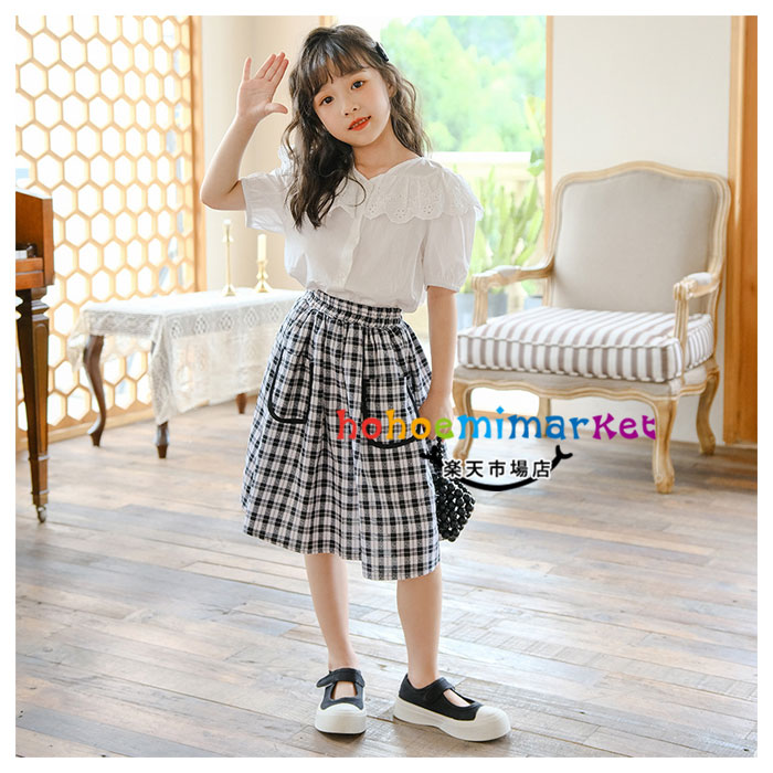 韓国子供服夏服2023新作女の子セットアップ通学着発表会同窓会キッズ半袖シャツブラウス+チェック柄スカート2点セット可愛い上下セットガールズ小学生スカートセットお姫様誕生日結婚式記念日撮影写真夏服夏着120130140150160165