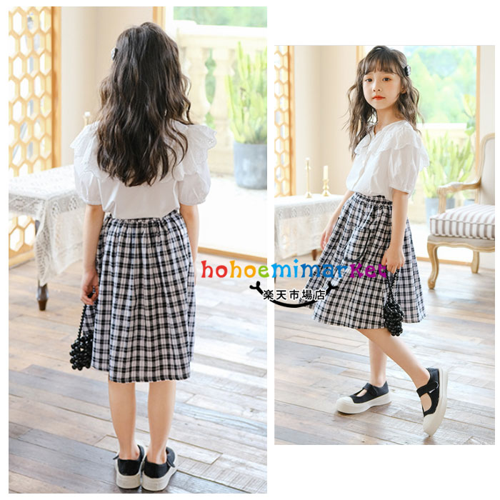 韓国子供服夏服2023新作女の子セットアップ通学着発表会同窓会キッズ半袖シャツブラウス+チェック柄スカート2点セット可愛い上下セットガールズ小学生スカートセットお姫様誕生日結婚式記念日撮影写真夏服夏着120130140150160165