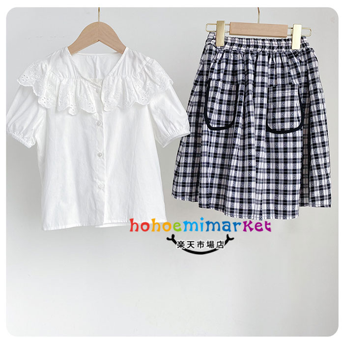 韓国子供服夏服2023新作女の子セットアップ通学着発表会同窓会キッズ半袖シャツブラウス+チェック柄スカート2点セット可愛い上下セットガールズ小学生スカートセットお姫様誕生日結婚式記念日撮影写真夏服夏着120130140150160165