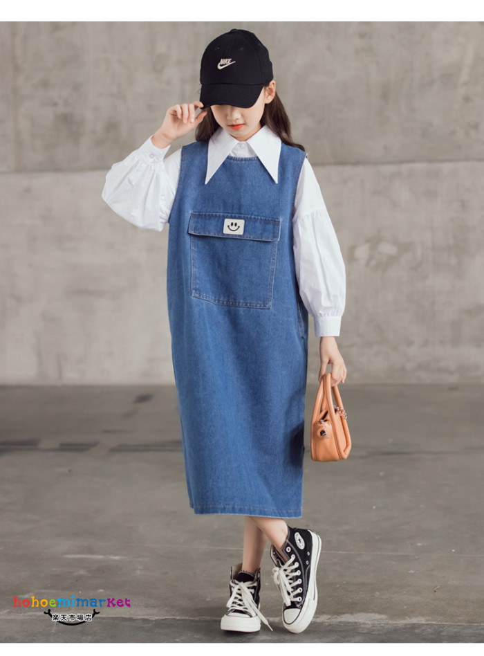 韓国子供服 女の子 秋服 ワンピース 2点セット おしゃれ レジャー 大人気 キッズ ガールズ セットアップ 袖なしワンピース 白いシャツ オシャレ コーデ お出かけ 通学着 普段着 ブルー 1cm 130cm 140cm 150cm 160cm 165cm Liceochiloe Cl