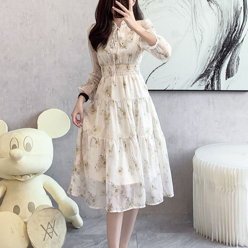 み*ー様 最終価格！M's カタログ 花 シフォン ボーダー リボン ワンピース シフォンフラワーパターンフリルワンピース(34 NAVY): M