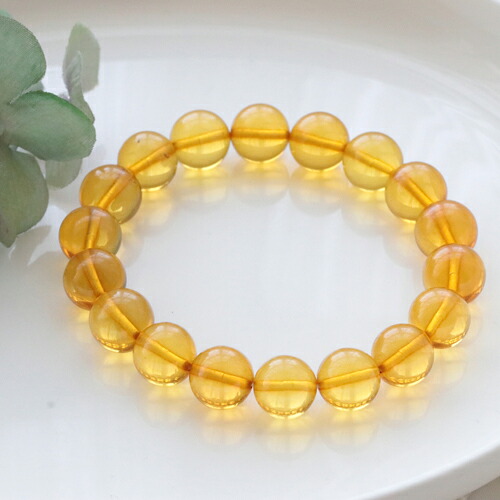 イエローアンバー　約10.8～11.2ｍｍ玉　琥珀（Amber）　シリコンゴムブレスレット　内周　約16cm｜ジュエリーショップ　はな