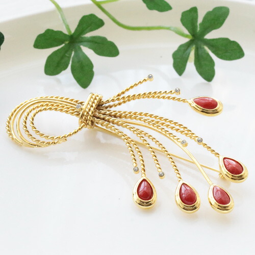 【特別奉仕品】　 赤サンゴ（血赤珊瑚）　 キュービックジルコニア　 ブローチ　 真鍮 9,900円