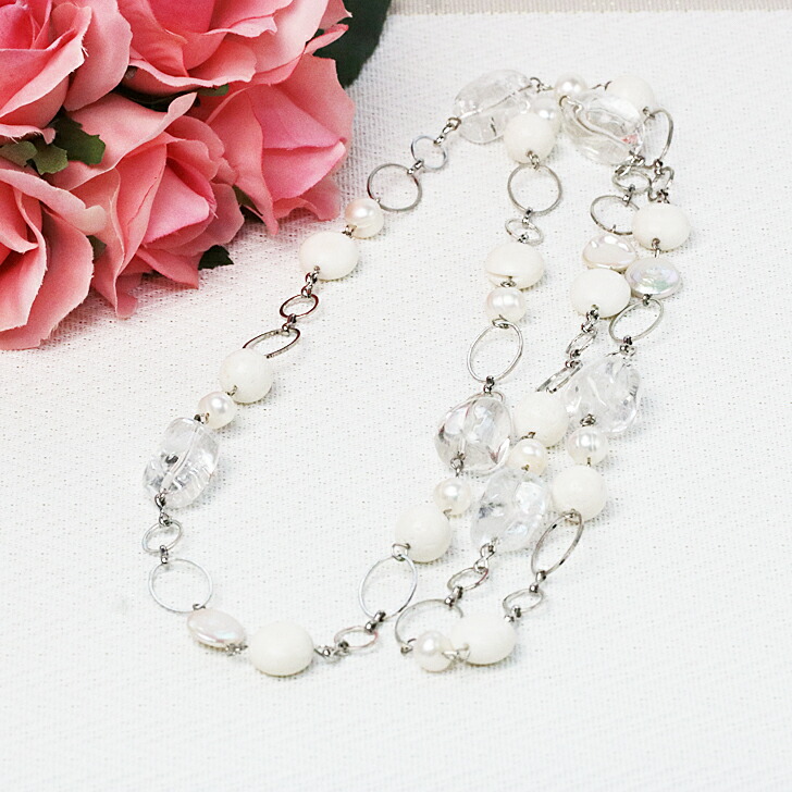 珊瑚ホワイトパールネックレス 約45cm クリスタル留め具 珊瑚ホワイト