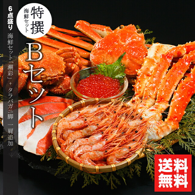 【贈り物にはカニ！】<br>内祝い カニ 海鮮 ギフト<br><br>送料無料 特選 海鮮セットB(潮彩＋たらば脚追加セット)<br><br>【父の日 プレゼント お返し 北海道産 海鮮セット 毛蟹 毛ガニ ズワイガニ 姿 タラバガニ 蟹 海産物 海の幸 詰め合わせ いくら 刺身 豪華】