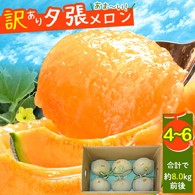 【予約】<br><br>【ご自宅用／訳あり】<br>送料無料 北海道産［個撰］夕張メロン（4～6玉）合計で約8.0kg前後<br><br>【訳あり夕張メロン 夕張メロン訳あり 訳アリ 訳有 メロン訳あり ゆうばり 夕張 北海道夕張 夕張農協 めろん 甘い 柔らかい お得 旬 人気 高級】 mtpup