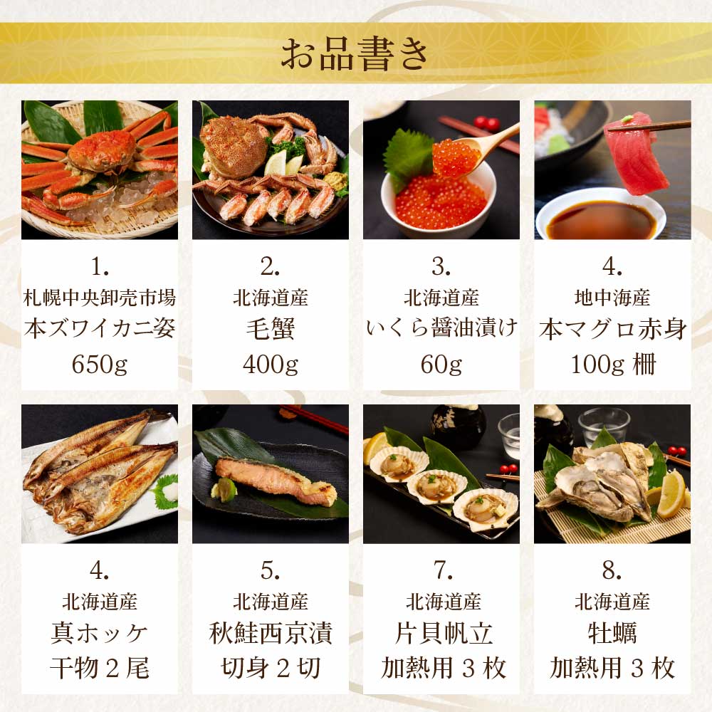 札幌中央卸売市場 プレミアム豪華海鮮8品 祝宴 干物 毛蟹400g ギフト 本マグロ ズワイガニ650g いくら 北海道 お中元 刺身 ほっけ 御中元