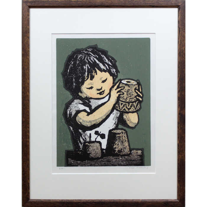 絵画 金子誠治 木版画 『砂あそび』 人物 子ども 優しい 美術品 アート かねこせいじ|北海道画廊 店