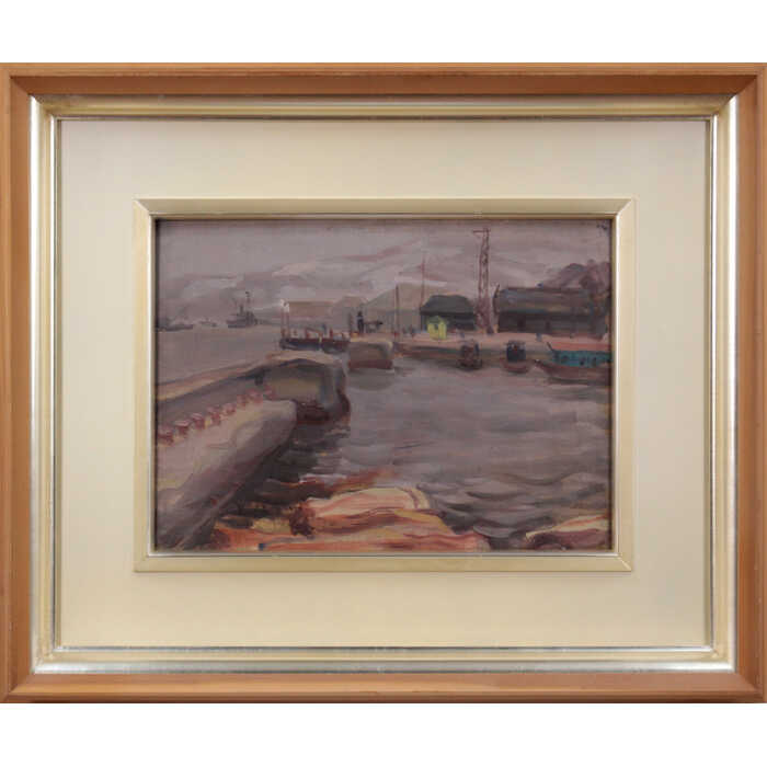 絵画 谷吉二郎 油絵・油彩画 『初冬の海岸 細雨に暮れる』 海 港 船 雨 風景 冬 北海道風景 優しい 淡い 黄昏 一点物 美術品 アート たにきちじろう｜北海道画廊 店
