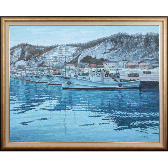 楽天市場】絵画 本間聖丈 日本画 『冬の漁村』 家 村 海岸 船 街