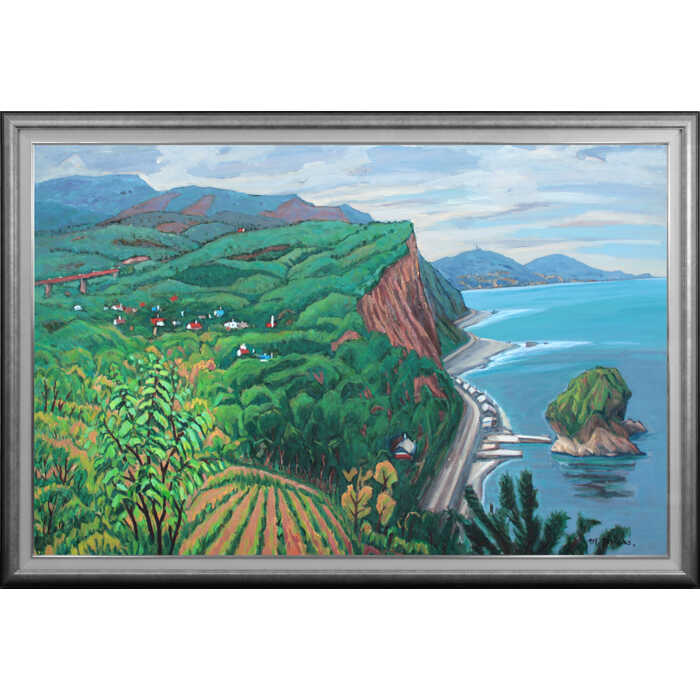 大きいサイズ 大きい絵 著名画家の一点物 絵画 高野三男 油絵・油彩画 『ハリウス海岸』 山 島 海 海岸 北海道風景 明るい 美術品 アート たかのみつお｜北海道画廊 店