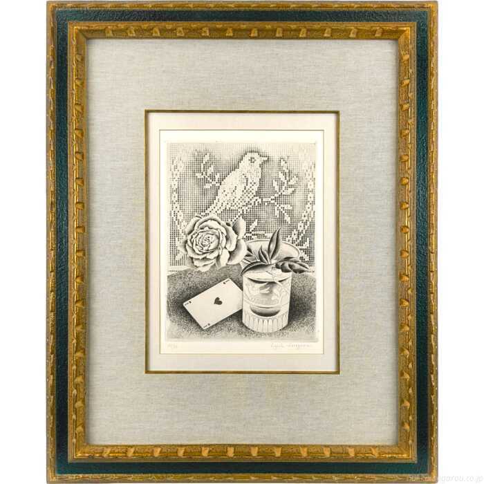 長谷川潔 アクアチント 『薔薇とハートの1（未完成）』 絵画｜北海道画廊 店