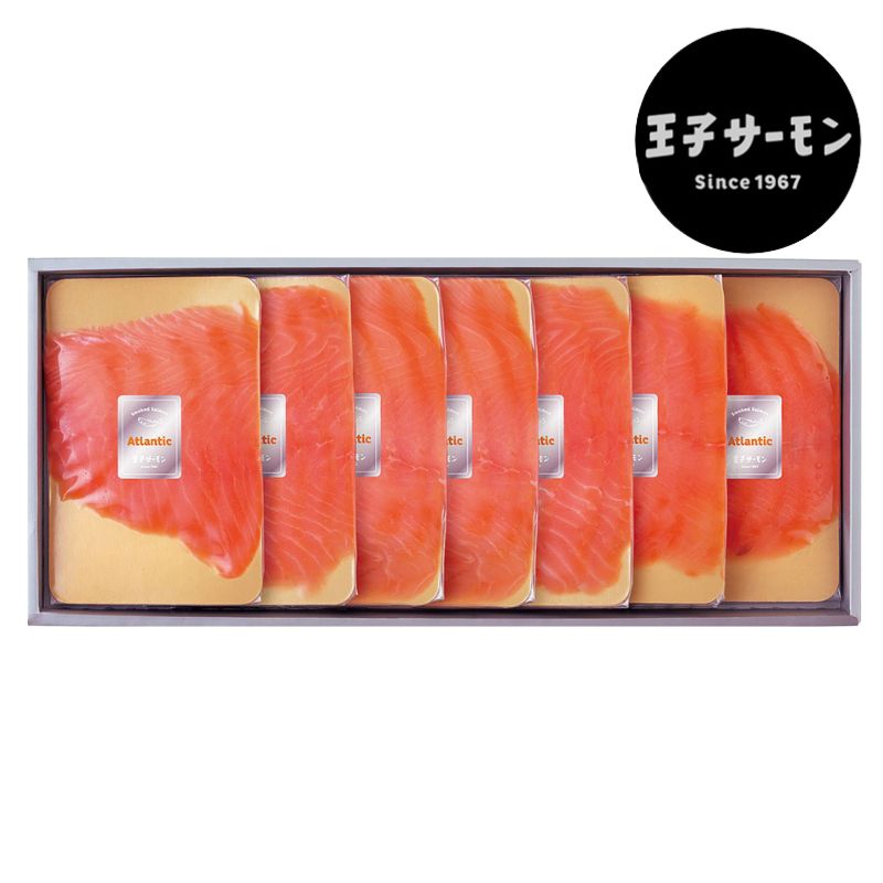 【送料込】ギフト 王子サーモン アトランティックサーモンスモークサーモン50g&times;7 (N)JAH100 セット 高級 海鮮 産地直送 冷凍便 送料込 箱入 ラッピング・熨斗対応可｜お中元 ギフト プレゼント 誕生日 挨拶 退職 お礼[SS2306]｜北海道新発見ファクトリー