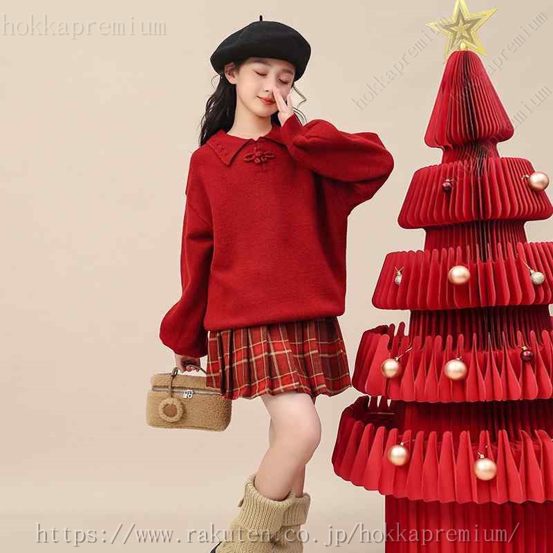 ニットセーター キッズ 女の子 冬物 クリスマス お正月 プルオーバー 厚手 暖かい 長袖 クルーネック 無地 レッド かわいい 柔らかい