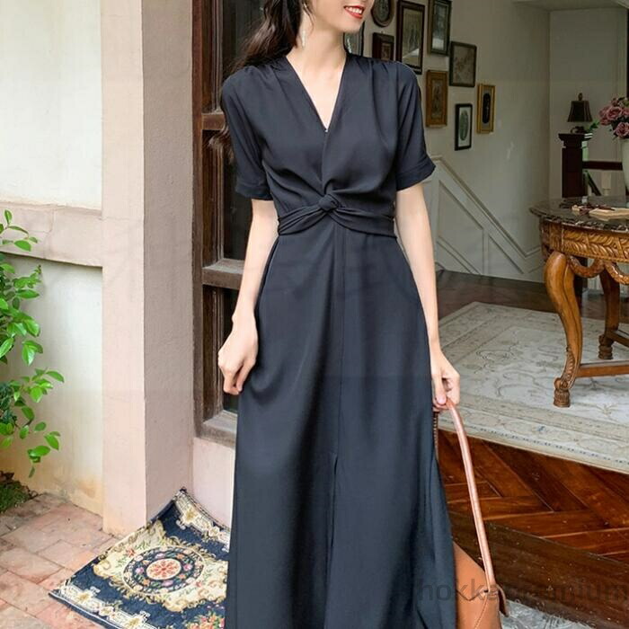 【送料無料】結婚式 ワンピース ロングワンピ 袖あり ウエストリボン エレガント ミモレ丈 きれいめ レディース ワンピ ドレス 半袖